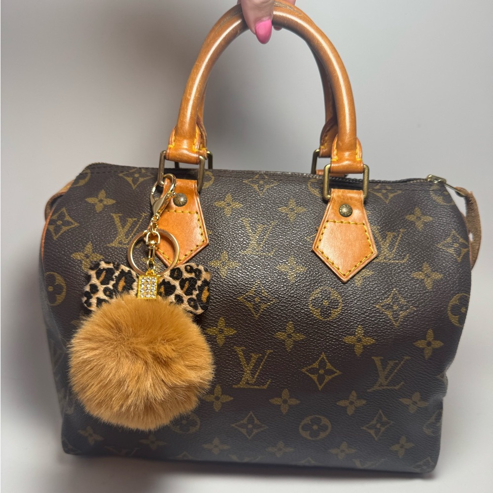 Cheetah Print Bow Brown Puff Ball Bag Charm Key Chain